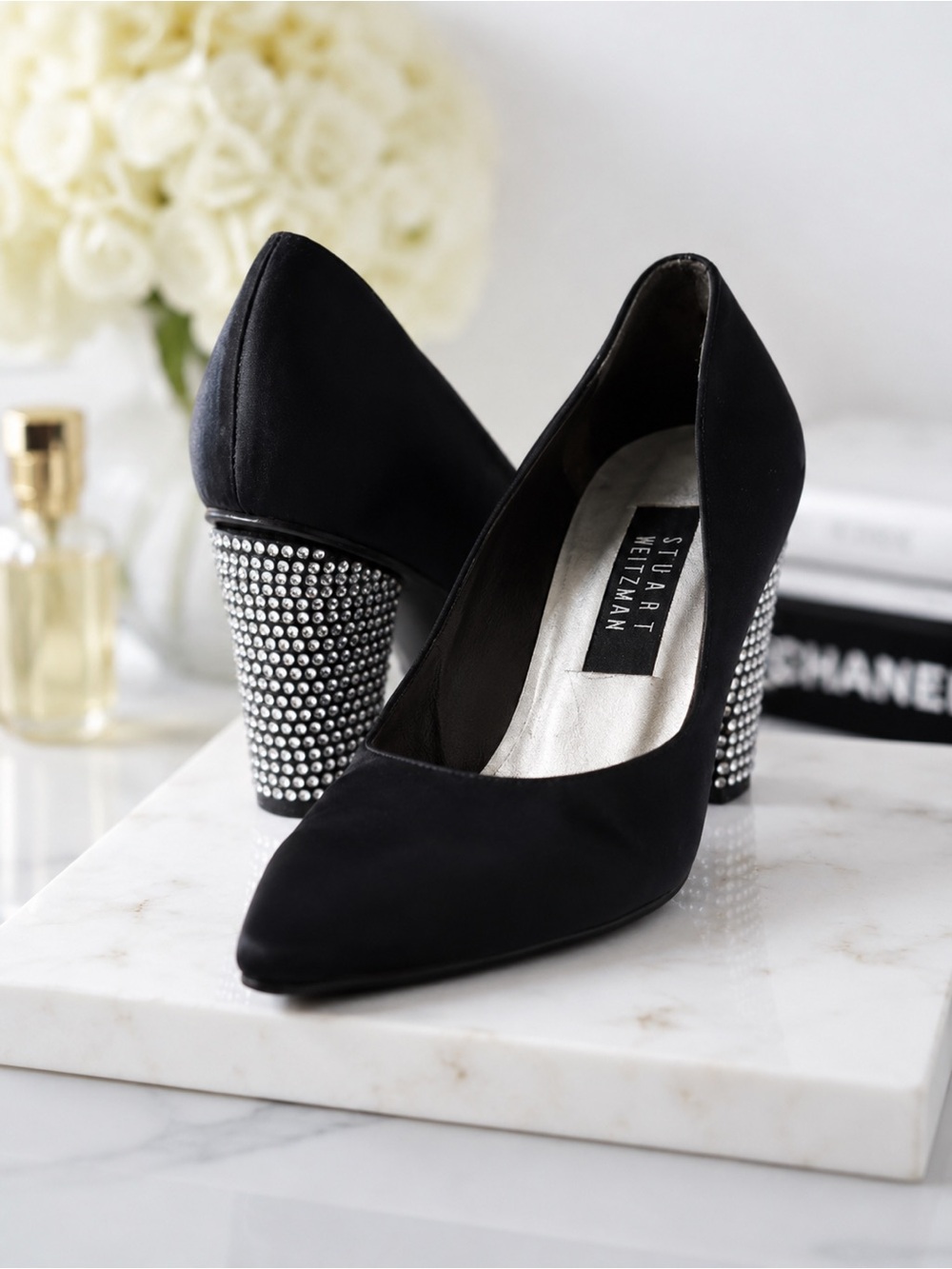 Stuart Weitzman Crystal Heel Black Satin Pumps Size 6.5